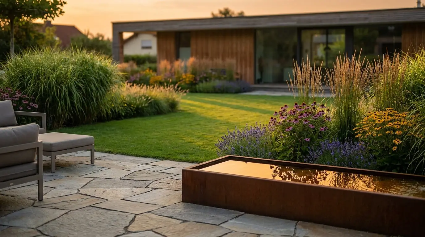 Landscaped garden with a natural stone patio