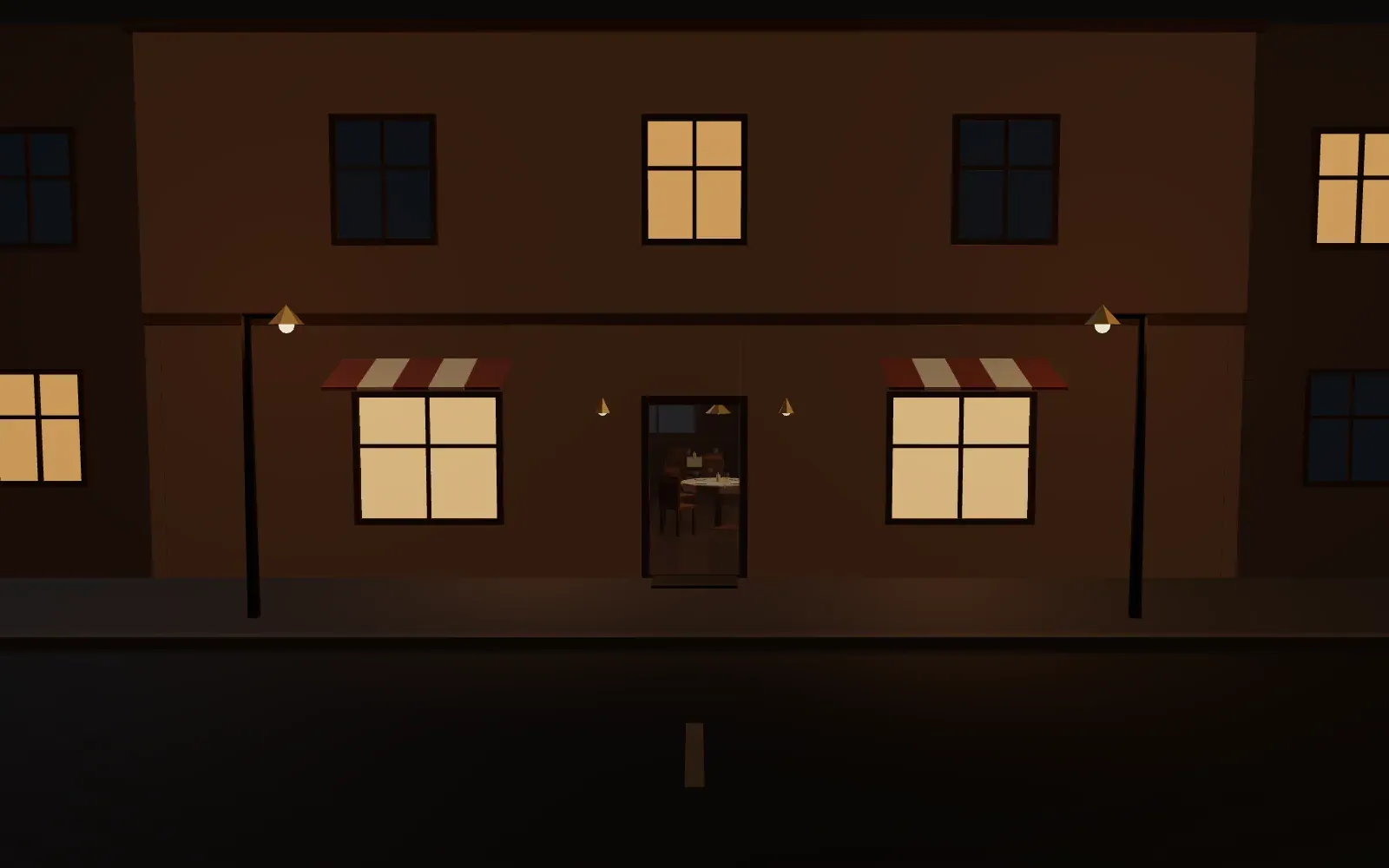 Abendliche Fassade der Glutstube: warm erleuchtete Fenster mit gestreiften Markisen, offene Tür, Straßenlaternen.